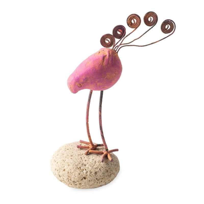 Terracotta Bird on Stone Figurine - Pink
